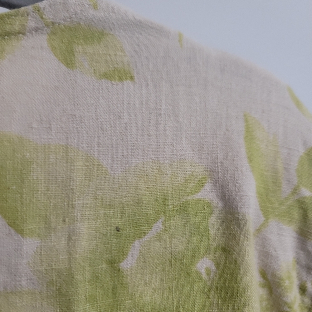 VTG A.M.I. Green Floral Tan Button Up V-Neck Shirt Lagenlook Linen Cotton Large - Picture 9 of 10